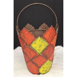 Vintage Harvest Time Fall Colorful Leaf Metal Bucket Thanksgiving Decor